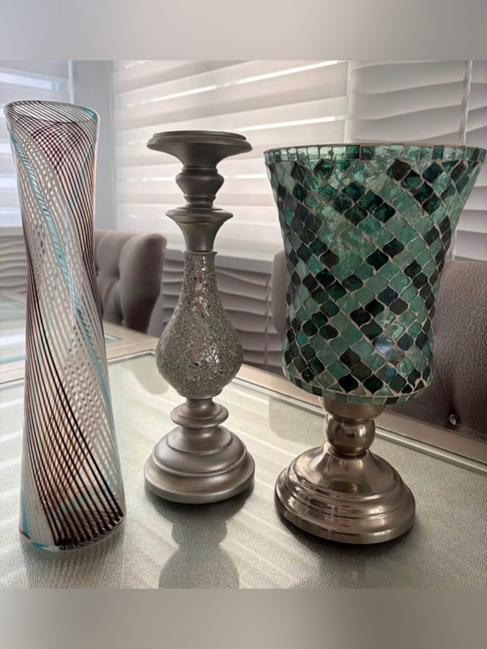 Decorative Mosaic Glass Hurricane Candle Holder - Green
